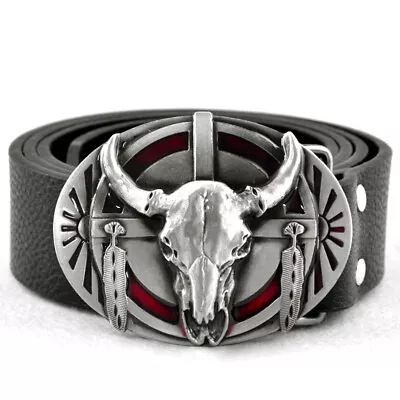 Steampunk Mens Leather Belts Jean Belt With Longhorn Bull Oval Metal Belt Buckle • £9.99