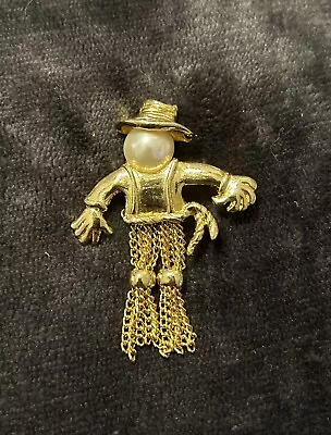 Vintage Scarecrow Pin Brooch Pearl Multi-Chain Fringe Gold Fall Autumn 80s • $8.99