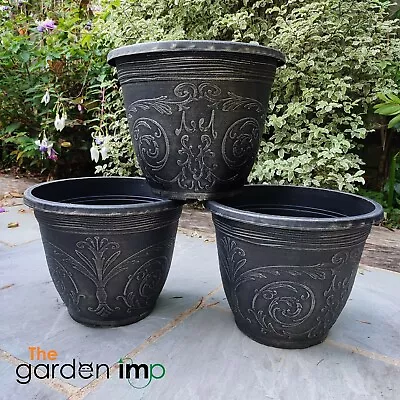 Round Garden Decorative Planter Pot Outdoor Ornate Black Gothic 30cm Plant Pots • £8.49