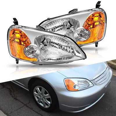 For 01-03 Honda Civic 2/4DR JDM Headlights Lamps Pairs Left + Right Chrome Clear • $69.91
