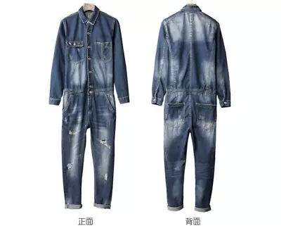 Cowboy Men's Denim Jumpsuit Overall Jeans Pant Casual Slim Fit Ripped Retro Chic • $94.26