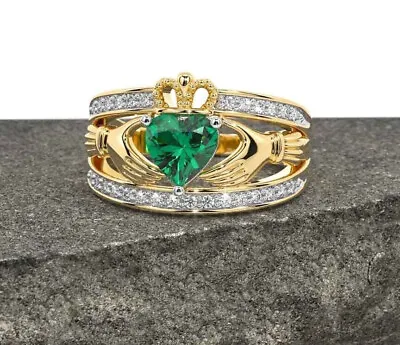 14K Yellow Gold Plated Silver Lab-Created Vintage Green Emerald Claddagh Ring • $70.85