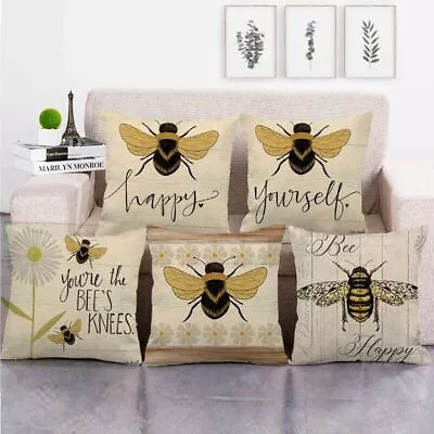 Rural Square Wooden Bee Honey Cushion Cover Linen Cotton Sofa Couch Pillow Case • £3.94