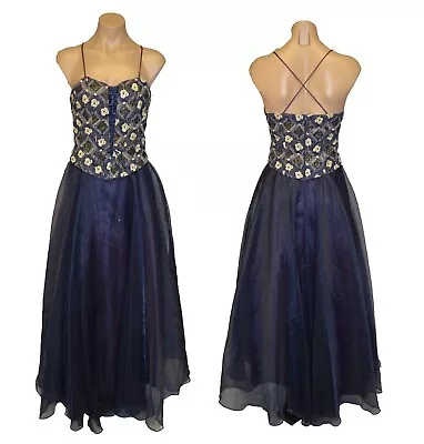 Aspeed Vintage 90s 00s Navy Blue Embroidered Flower Party Prom Dress Sz S • $37.49