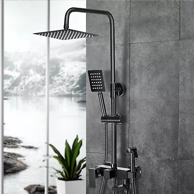 £87.99 • Buy Exposed Shower Taps Mixer Valve Black Bathroom Square Twin Head Bar Shower Set