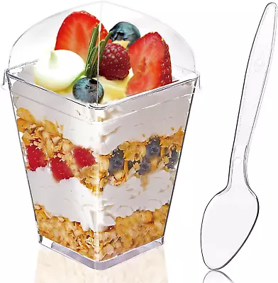 50Pack 5Oz Clear Plastic Dessert Cups With Lids And Spoons Reusable Square Parf • $26.77