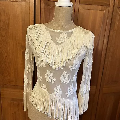 Vintage 1970s/1980s Sheer Cream Lace Long Fringe Neckline  Sleeves  Top Sz M • $19.99