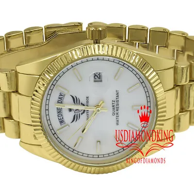Mens 18K Gold Tone White Dial Face Metal Band Day/Date Function 45mm Metal Watch • £57.82