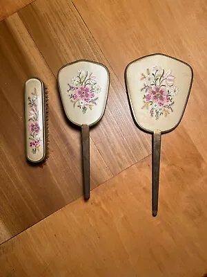 Vintage Mirror And Brush Set-Gold Tone-Floral Design-Beautiful-Estate Find • $38.95