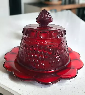 Vintage Ruby Red Amberina Round Dome Covered Butter / Cheese Dish Grape & Cable • $24