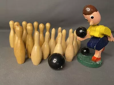 $39.99 • Buy Vintage Wooden Toy 2” Bowling 20 Pins Set & Woman Wood Bowler Game Bobble Head