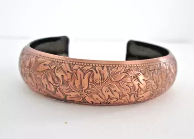 Vintage Solid Copper Floral Etched Bracelet Cuff Shine Southwestern 6.5  Signed • $12.95