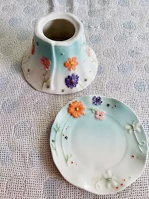 £20 • Buy Yankee Candle Ceramic Jar Topper And Saucers Duck Egg Blue Flowers & Butterflies