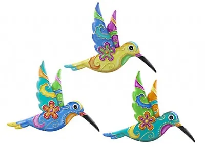 3 X Colourful Humming Bird Metal Garden Hanging Fence Ornament Decoration 19cm • £8.99