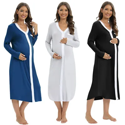 Womens Long Sleeve Maternity Nightgown Midi Pregnant Dress Nightdress Long Dress • $18.12