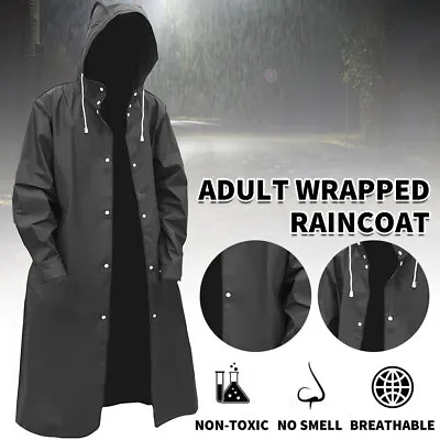 Men Black Waterproof Long Raincoat Rain Coat Hooded Trench Jacket Outdoor Hiking • $19.99