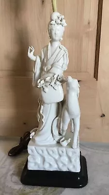 $220 • Buy Blanc De Chine Porcelain  Quan Yin Deer Goddess Statue Table Lamp.No Shade
