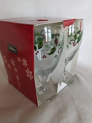 4 Libbey Holiday Holly Berry Water Iced Tea Wine Glasses 7  Goblets Christmas • $26.72