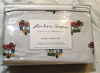NWT London Kaye Queen Size Sheet Set Christmas Pattern Bus With Dogs Gray • £29.92