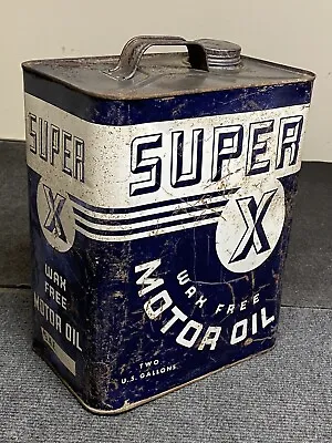 Vintage SUPER X Wax Free Motor Oil Metal 2 Two Gallon Oil Gas Can - Empty • $160