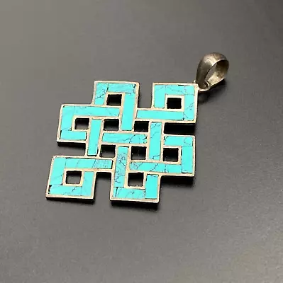 Vintage Celtic Knot Blue Inlay Sterling Silver Pendant • $75