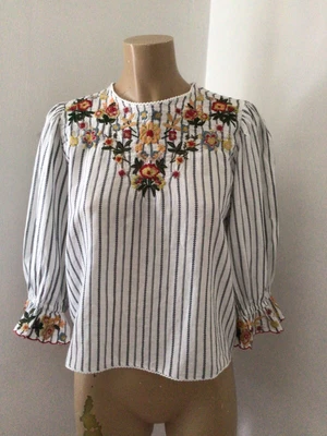$12.81 • Buy ZARA Ladies Boho Cotton Embroidered Top XS UK 8 Round Neck 3/4 Sleeve VGC