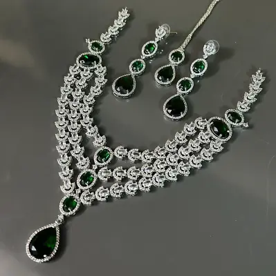 Indian Bollywood Silver Plated Ethnic AD CZ Jewelry Earrings Necklace Bridal Set • $45.38