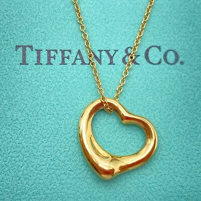 Tiffany & Co. Open Heart Pendant Necklace 16  Elsa Peretti 16mm Gold 4.3g • $648