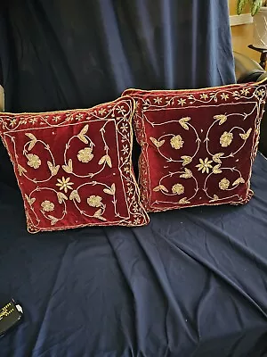 Vtg Red Beaded Pillows Velvet Set Gold-Bullion Embroidered Floral Print 1990 Lux • $290