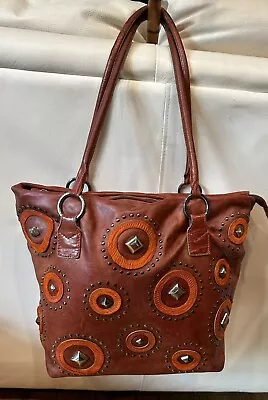 Berge' Italy Red Lamb Skin Studded Leather Hobo Calf Hair Circle Accents A++ 28 • $74.99