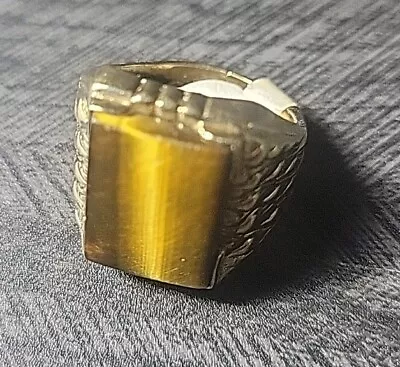 Vintage Men's Hammered 14k Gold Electroplate Tigers Eye Ring Size 8 Estate Find • $47.97