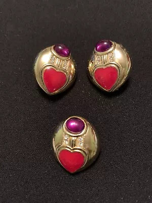 $14.70 • Buy Vintage Cabochon Enamel Clip Earrings And Brooch Set Unsigned 