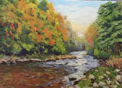 Stream Painting 5 X 7 Original Acrylic On Wood Panel  Forest Landscape Autumn . • $25