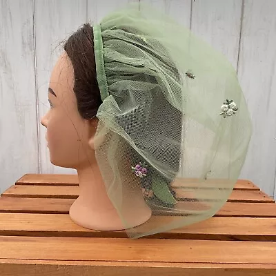 Fabulous Vintage 1940s 1950s Green Tulle Flowers Bonnet Snood Hat With Strap • $75.99