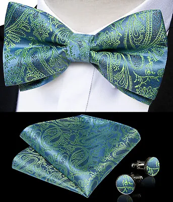 Men's Silk Bow Tie Pocket Square Cufflinks Set Pre/Self Bowtie Party Gift Prom • £6.99