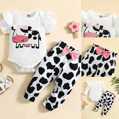 2Pcs Newborn Baby Girl Clothes Set Romper Bodysuit Top Cow Print Pants Outfits • £11.99