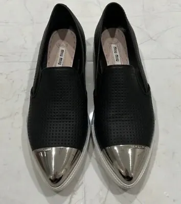 Miu Miu Black Slip-on Sneaker Perforated Metal Cap Toe W/Logo Sz 37.5 • $69.99