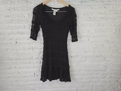 Max Studio Dress Small Mini Fit Flare Black 3/4 Sleeve Ruffle Lace Office Party • $19.99