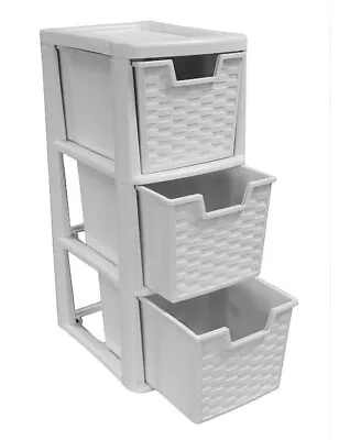 3 Drawer Medium Rattan Style Plastic Tower Storage Unit School Home Office Beige • £14.95