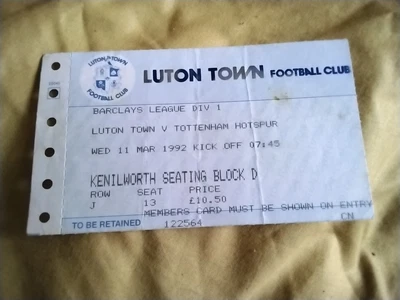 £4.42 • Buy LUTON V SPURS - MATCH TICKET - 11/3/92   = Freepost