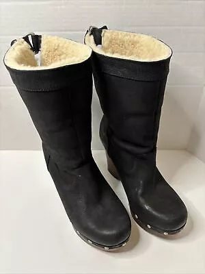 Ugg Carnegie 1001317 Black Nubuck Leather Shearling Lined Wood Clog Boots Size 7 • $35.99