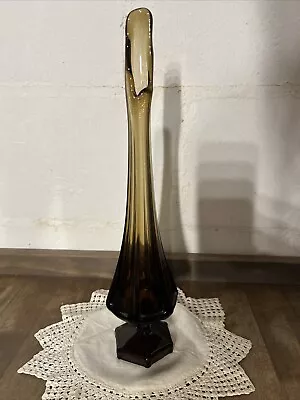 Vintage MCM Viking Swung Smoke Brown 13.5 Inch Glass Vase Epic Column • $76