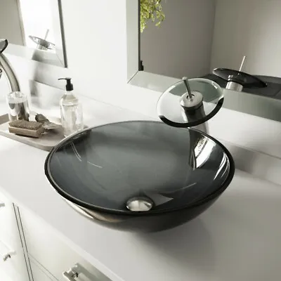 £149.99 • Buy Black Glass Basin Sink With Matching Round Glass Waterfall Tap Bathroom Luxury