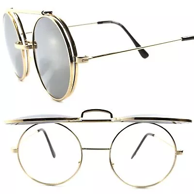 Gold Mirrored Vintage Retro Indie Steampunk Round Flip Up Django Sun Glasses • $16.99