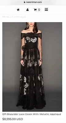 Naeem Khan Off Shoulder Lace Gown With Metallic Applique Black Size 10 • $1995