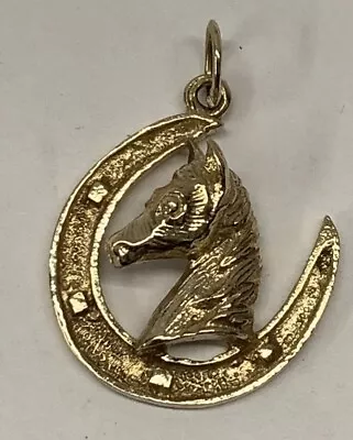 9ct Yellow Gold Horse And Lucky Horseshoe Pendant Or Charm. 1974 London Hallmark • £170