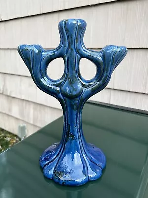 Herman Kahler Denmark Art Pottery Candelabra Figural Tree Gloss Blue HAK Large • $64.99