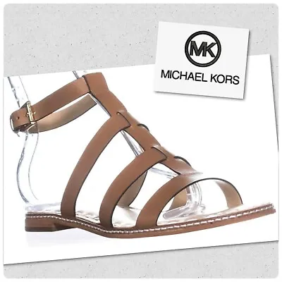 Michael Kors Fallon Flat Sandal Acorn/Optic White Leather Size 7.5 • $23.24