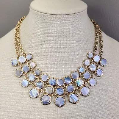 MOP Bib Necklace Blue Dyed Mother Of Pearl Gold Tone Chain Statement 19-21  • $25