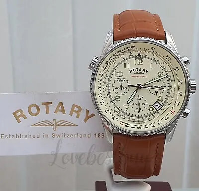 ROTARY Mens Watch Cream Dial Chronograph Chronospeed Tan Brown Strap RRP£190 Box • £84.99